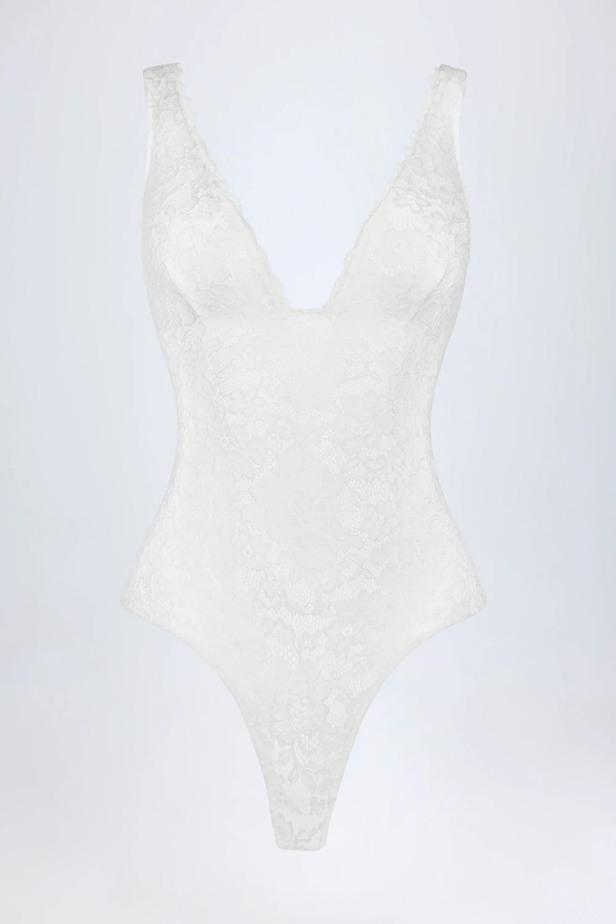 Sheer Lace Scalloped Plunge Neck Bodysuit in White