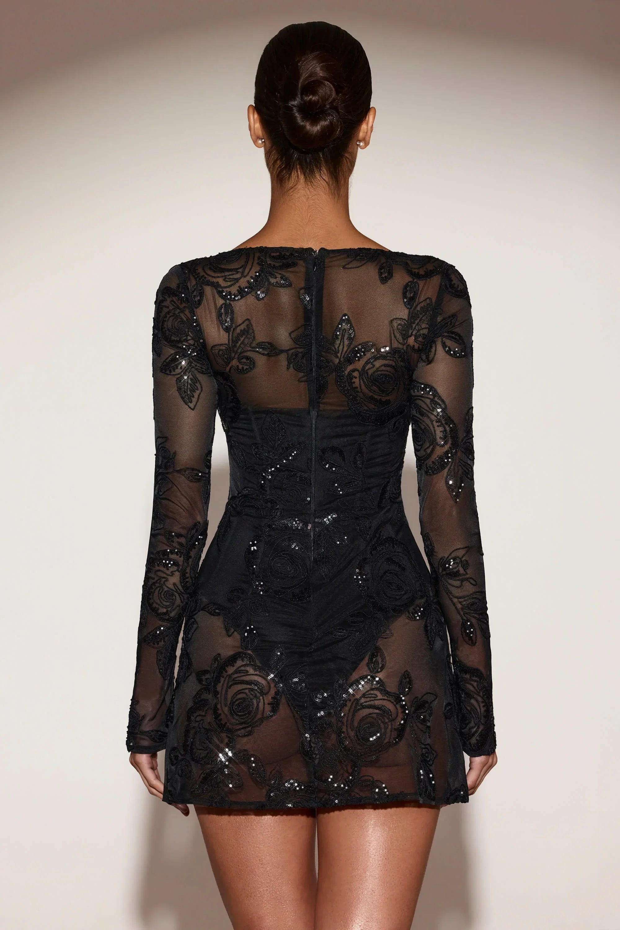 Sheer Embellished Bodysuit Corset Mini Dress in Black