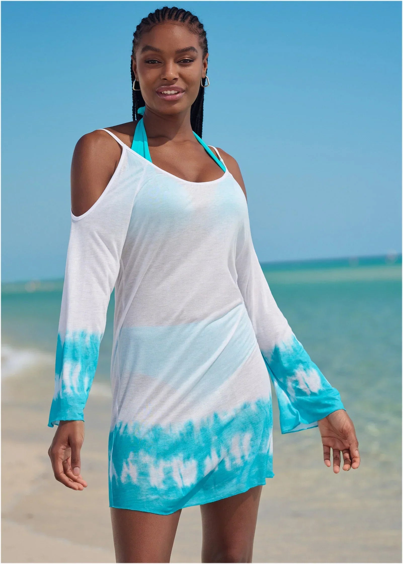 Cold Shoulder Cover Up Aqua White