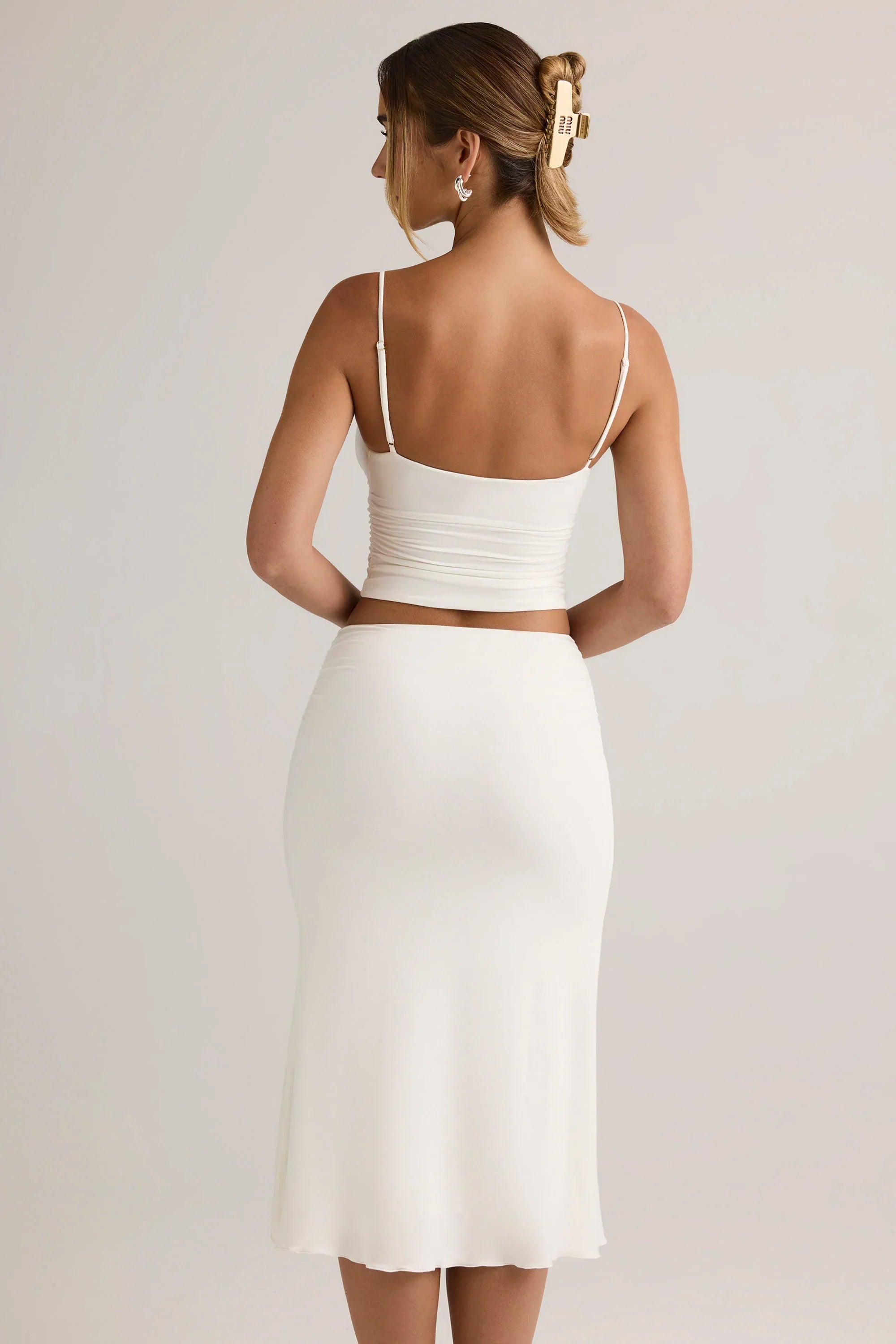 Modal Ruched Mid Rise Midaxi Skirt in White