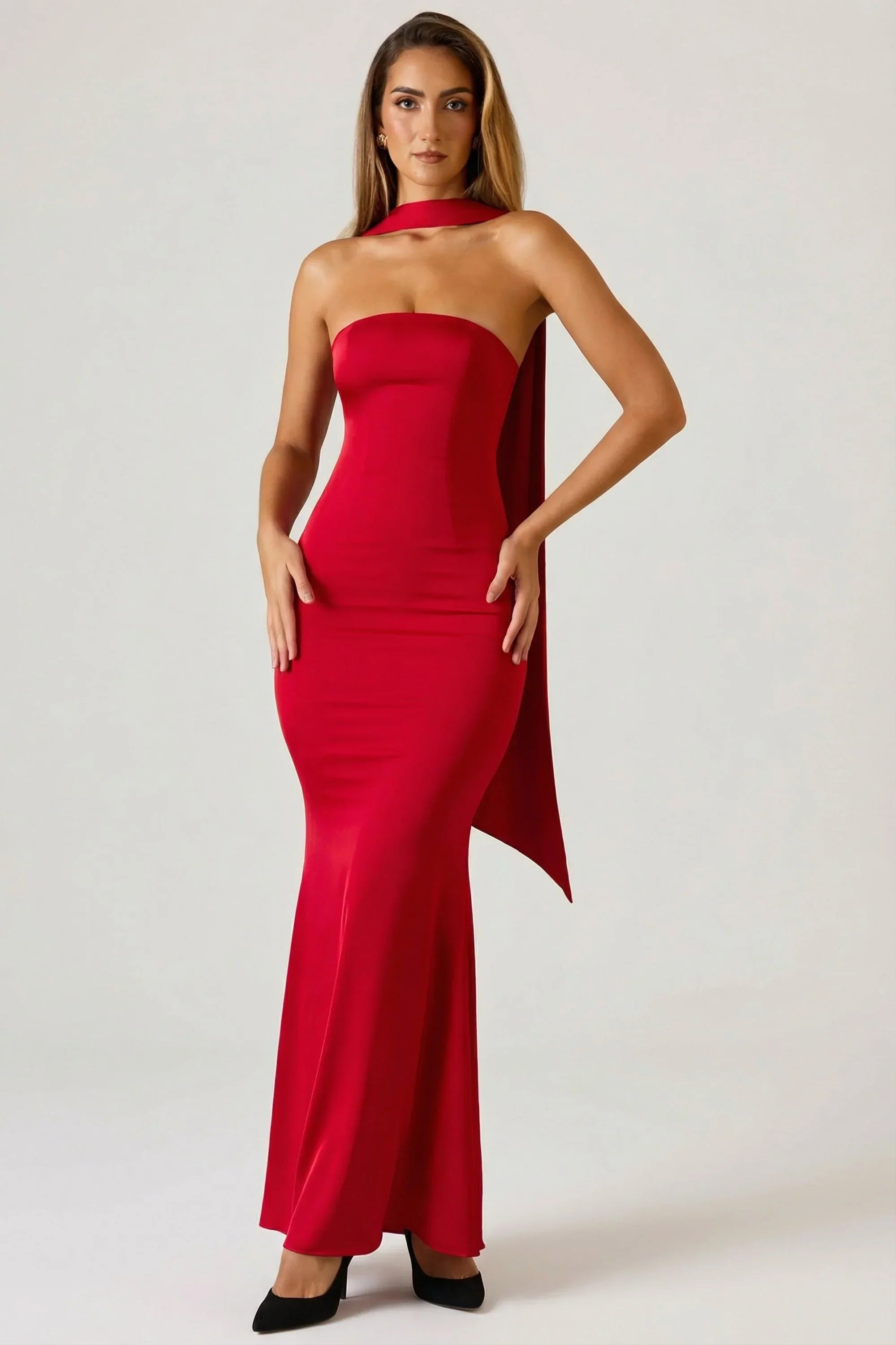 Scarf Detail Strapless Gown in Scarlet Red
