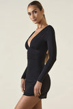 Modal Ruched Plunge A Line Mini Dress in Black