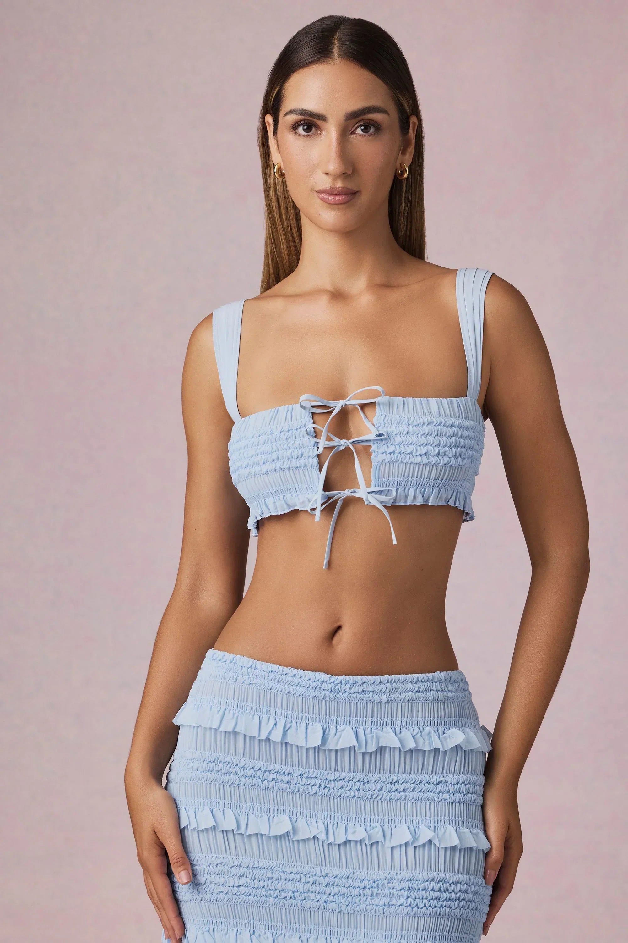 Ruffle Tie Front Crop Top in Powder Blue