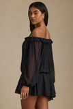 Off Shoulder Asymmetric Balloon Sleeve Mini Dress in Black