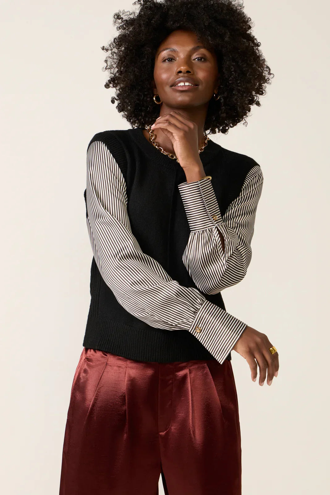 Dana Satin Sleeve Twofer Sweater