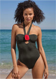 Rosette Halter One Piece Black Red