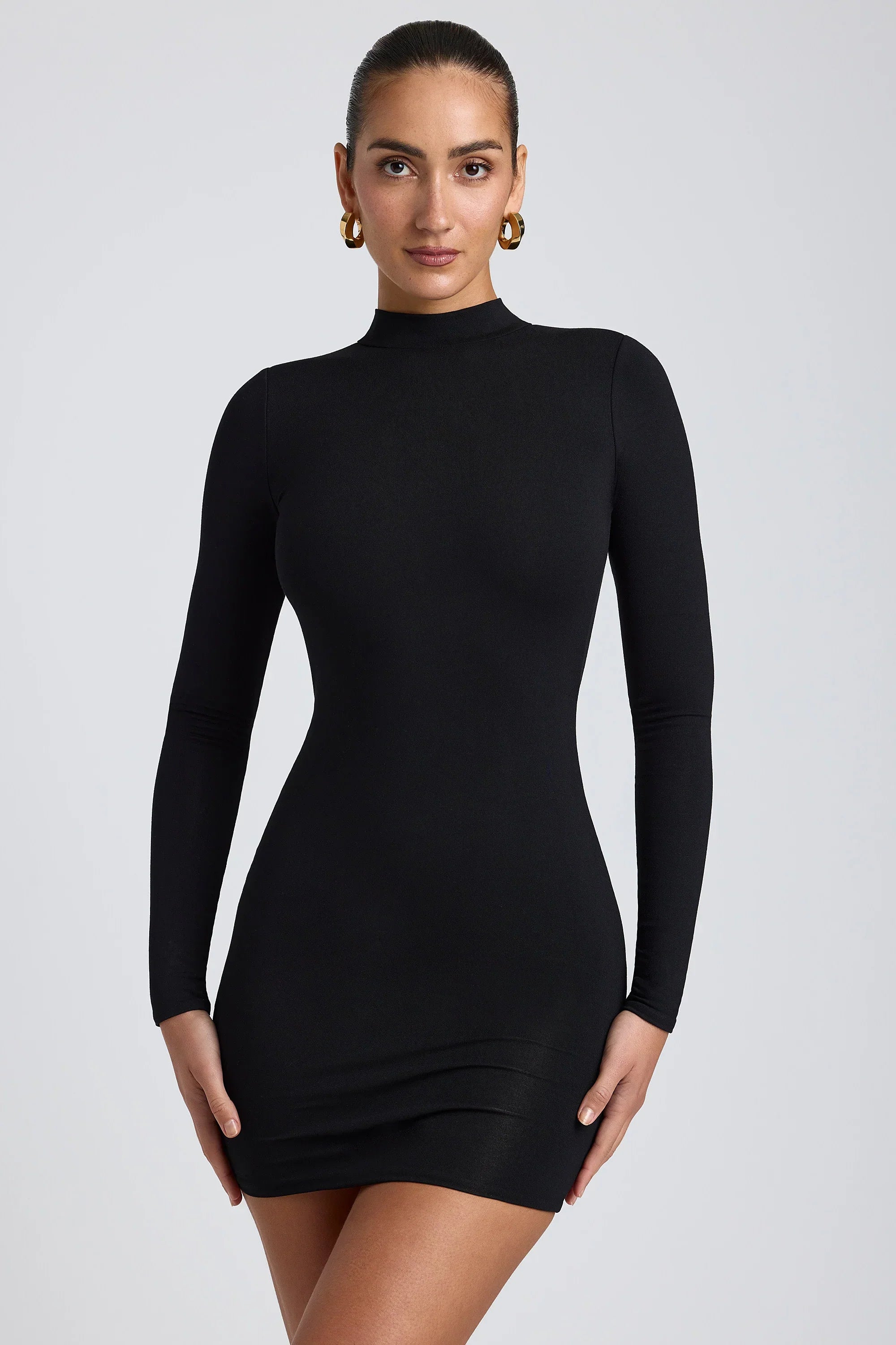 Modal Open Back Long Sleeve Mini Dress in Black
