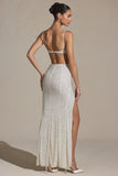 Embellished Cut Out Fishtail Maxi Dress in White
