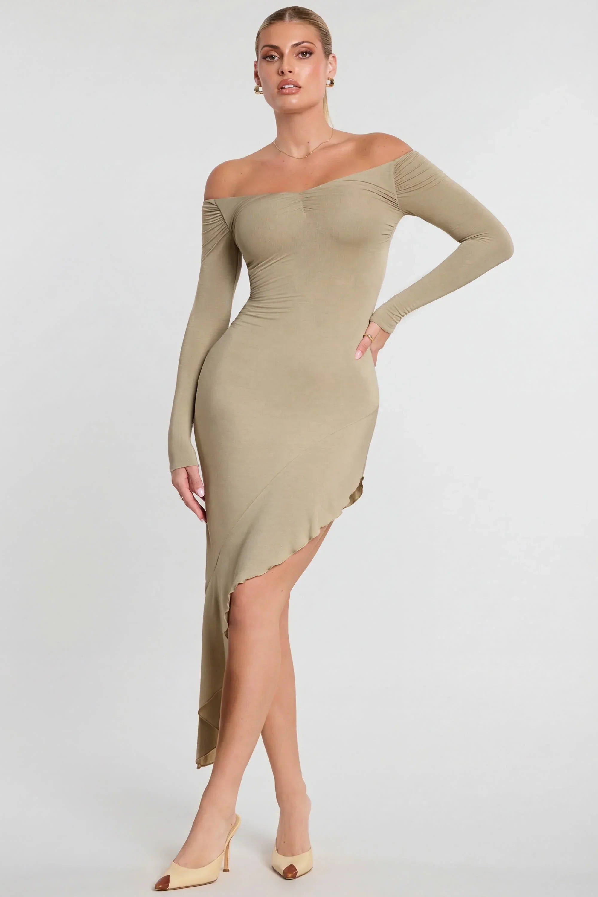Long Sleeve Off The Shoulder Modal Cashmere Blend Maxi Dress in Taupe