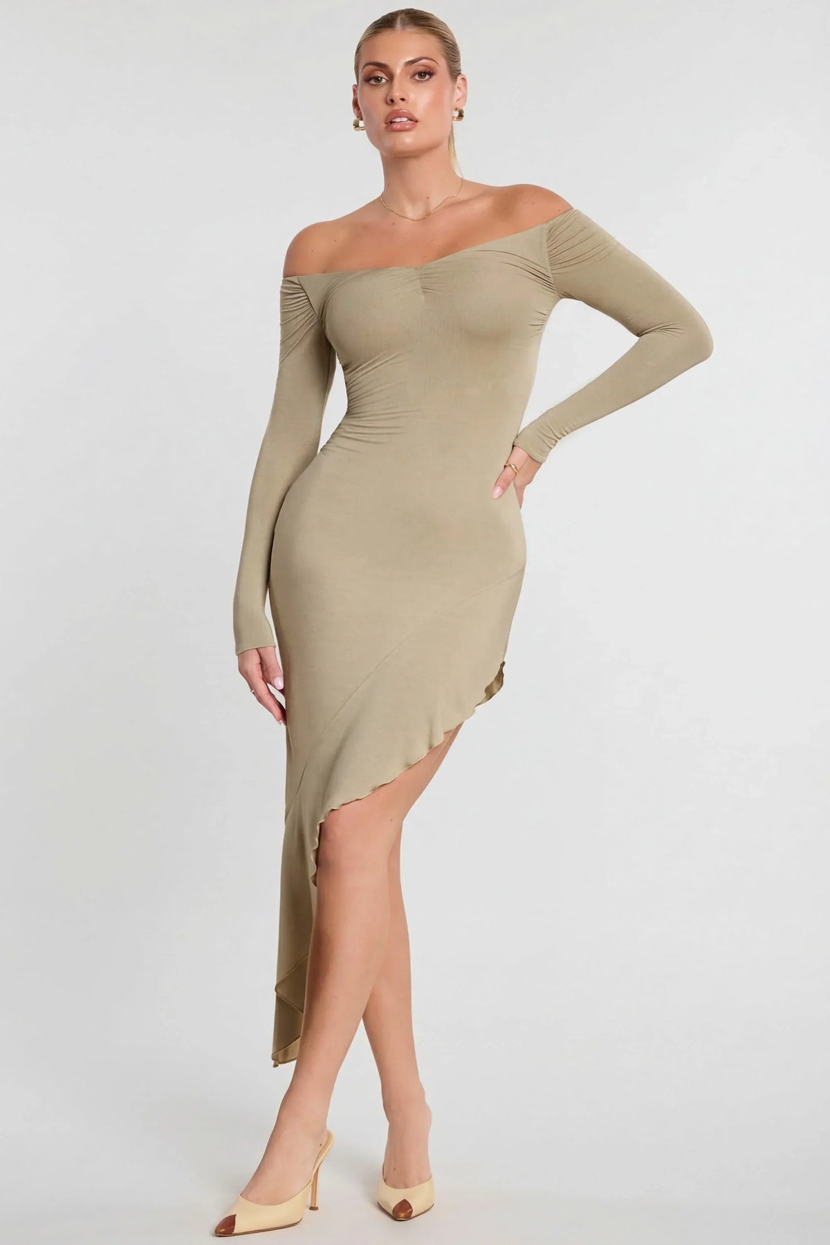Long Sleeve Off The Shoulder Modal Cashmere Blend Maxi Dress in Taupe