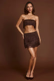 Fringed Mid Rise Mini Skirt in Chocolate Brown