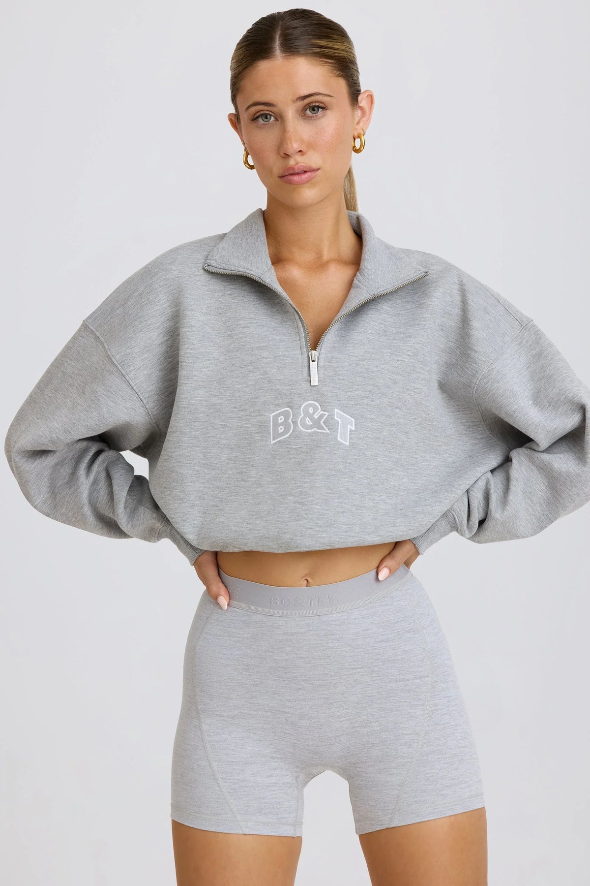 Quarter Zip Cropped Sweatshirt in Grey Marl