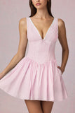 Bow Detail A Line Mini Dress in Soft Mauve Stripe