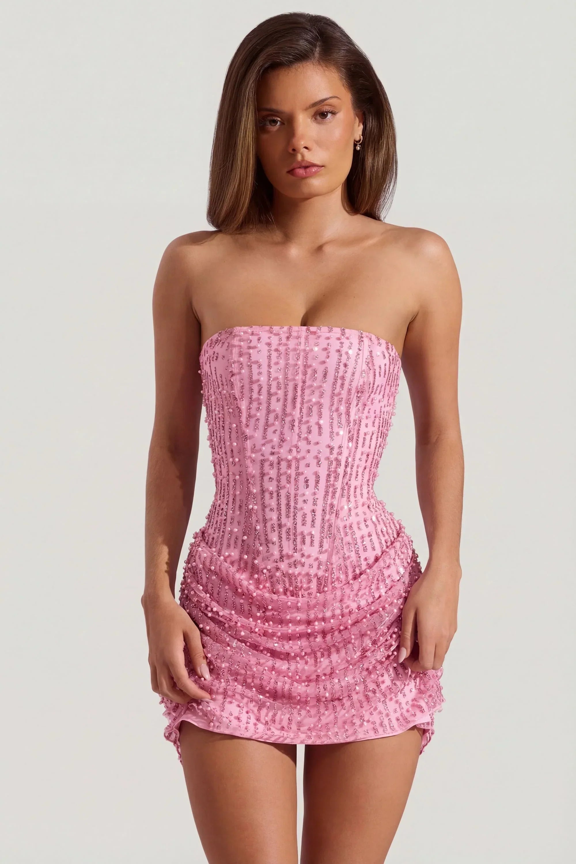 Embellished Draped Strapless A Line Mini Dress in Pink