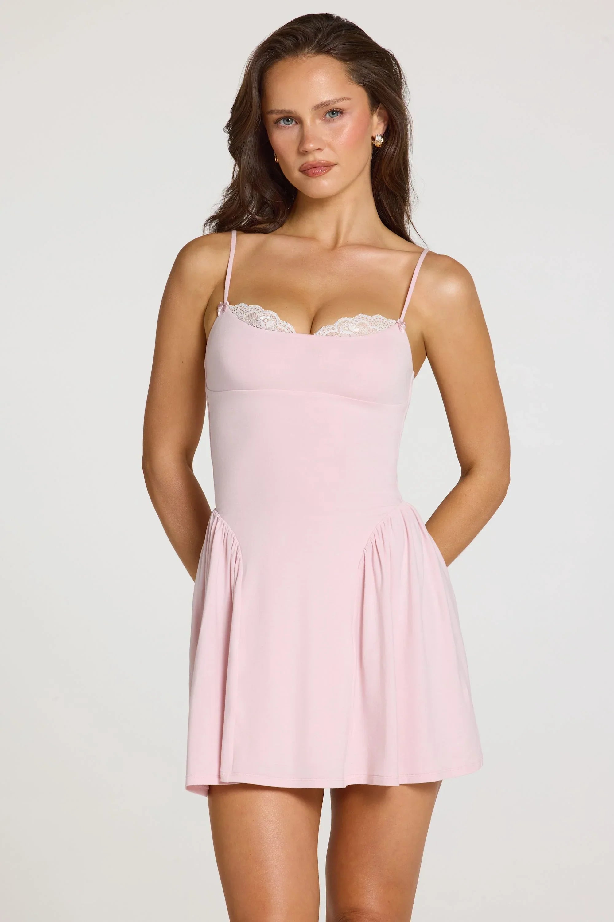 Modal Lace Trim Mini Dress in Baby Pink