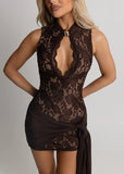 Lost Files Wrap Lace Mini Dress Brown