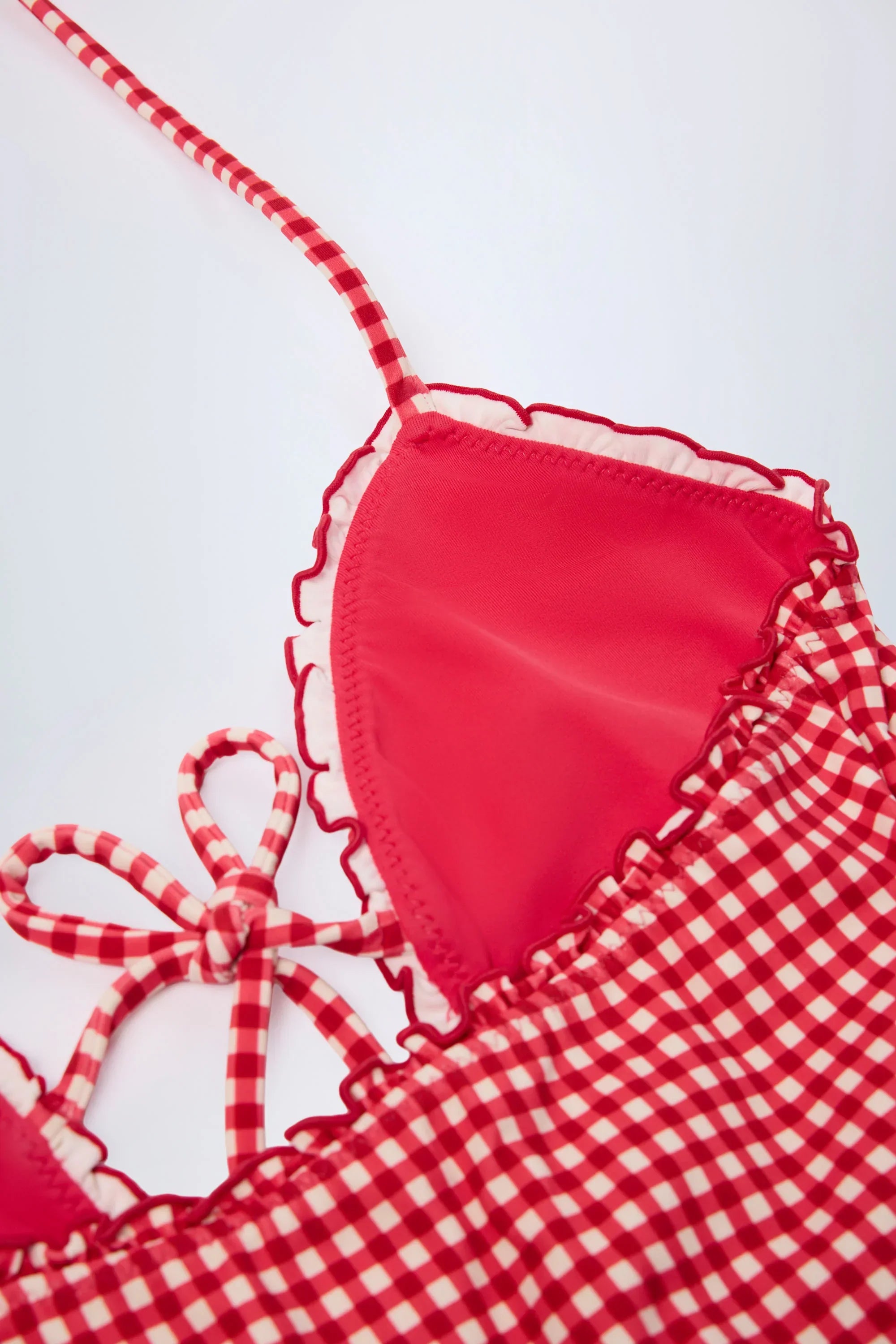 Ruffled Cut Out Halterneck Swimsuit in Red Gingham
