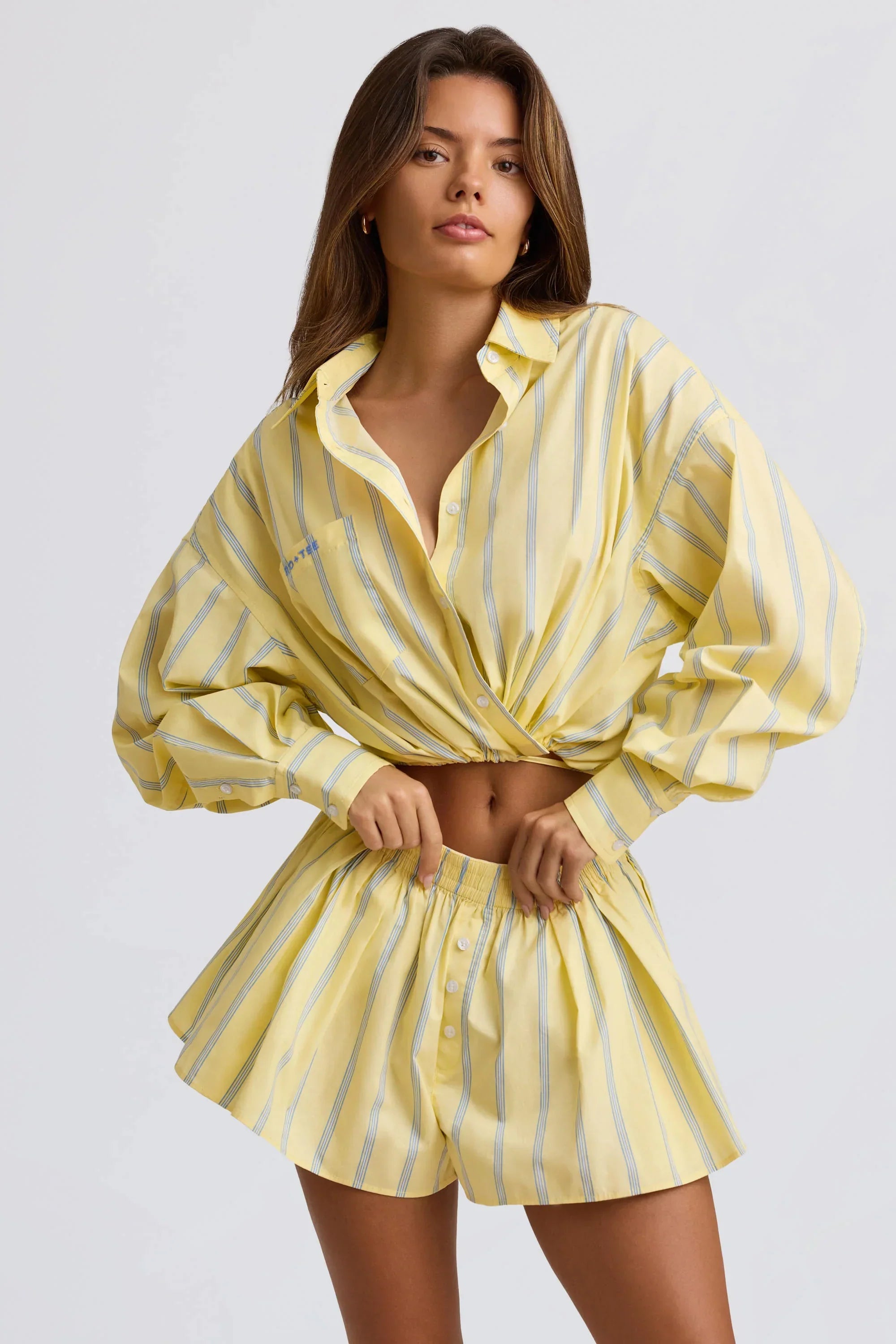 Cotton Poplin Stripe Multiway Cropped Shirt in Yellow Stripe
