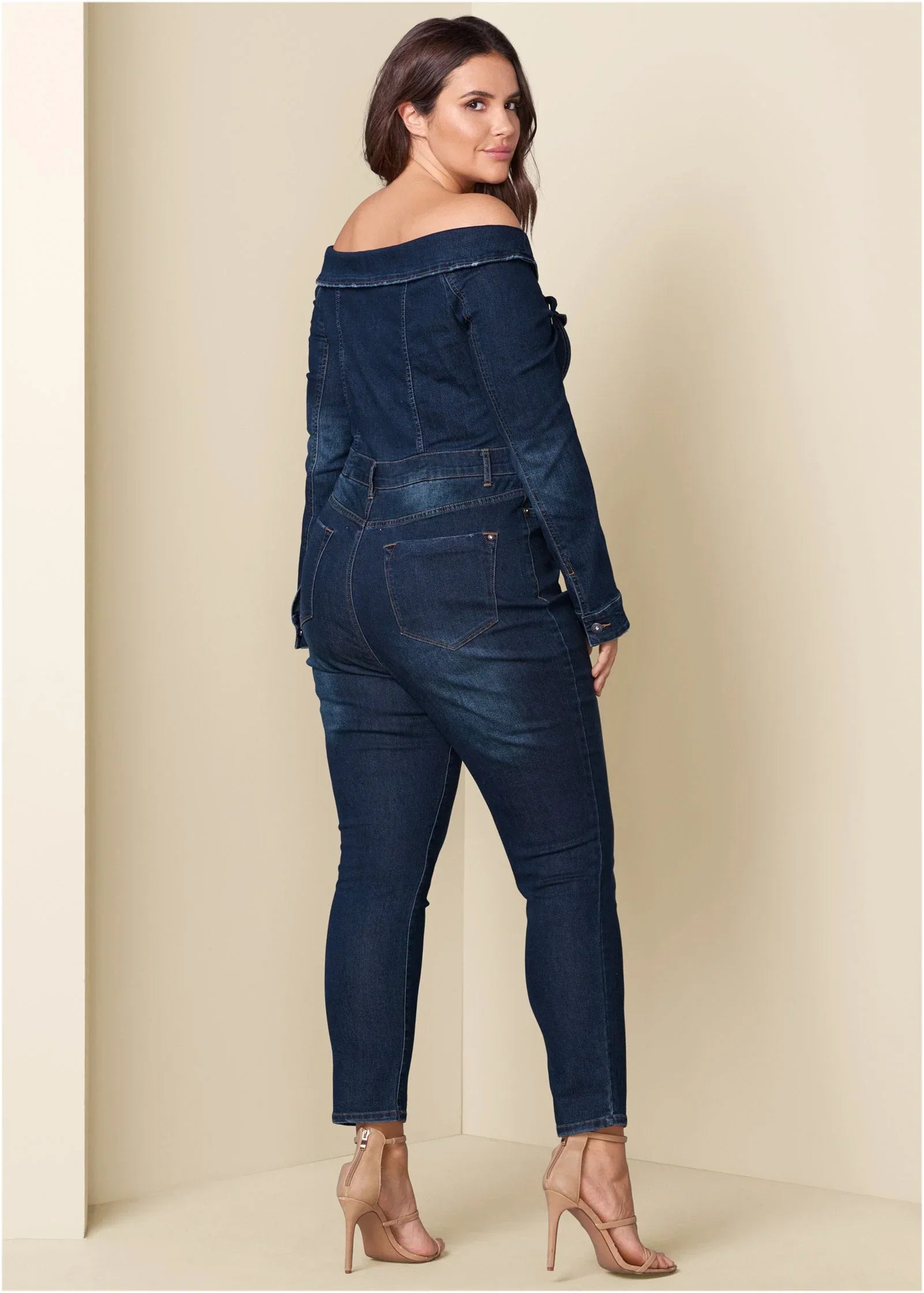 Off The Shoulder Denim Jumpsuit Dark Wash