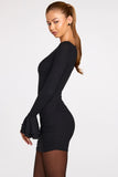 Ribbed Modal Long Sleeve Draped Mini Dress in Black