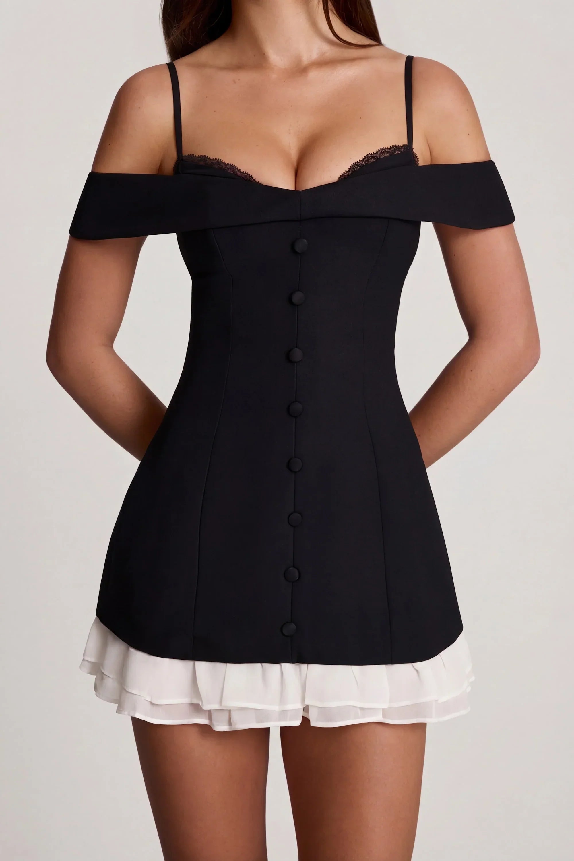 Off Shoulder Ruffle A Line Mini Dress in Black