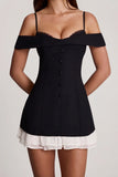 Off Shoulder Ruffle A Line Mini Dress in Black