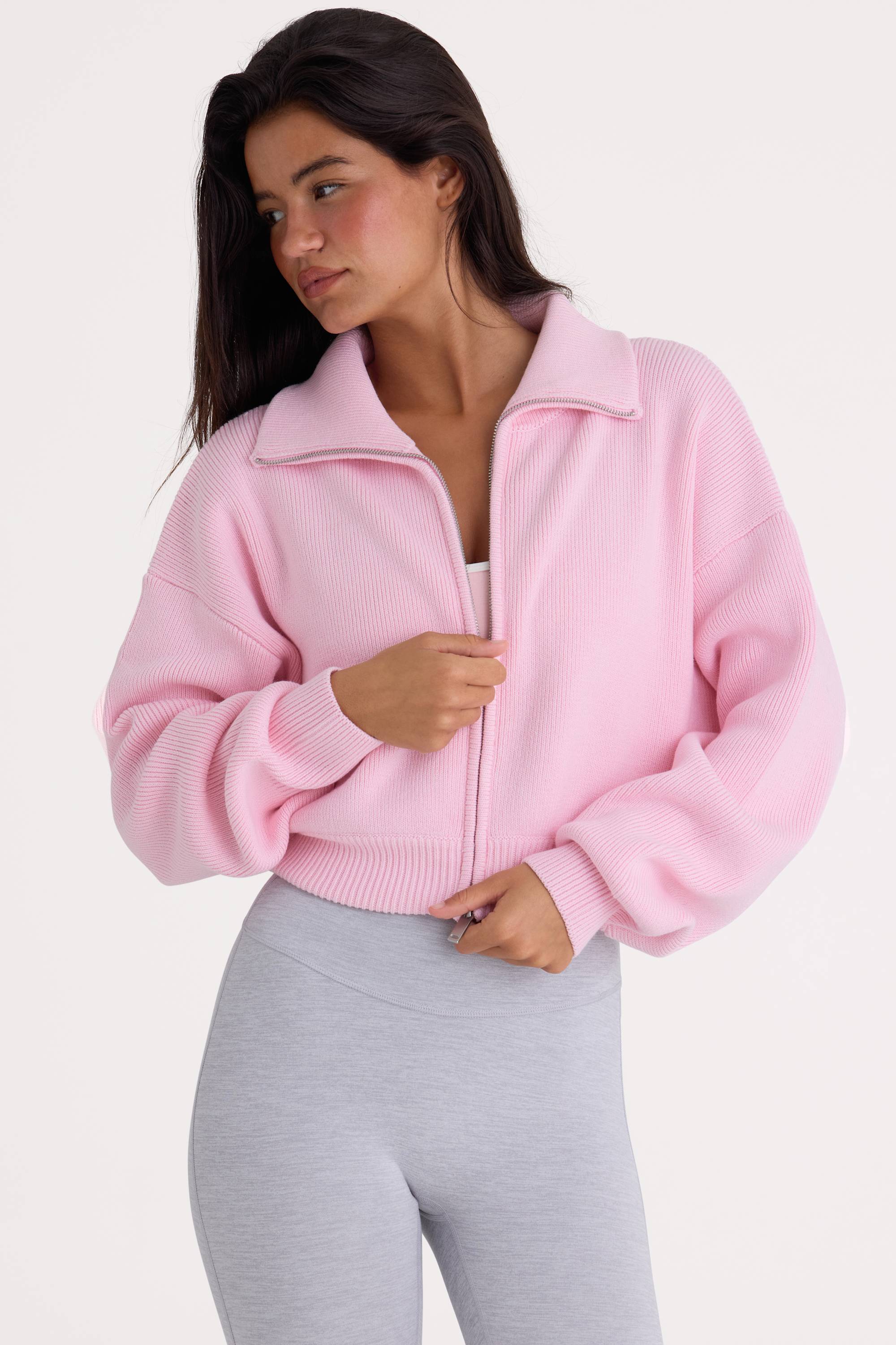 Ribbed Knit Zip Up Cropped Sweatshirt in Pale Pink