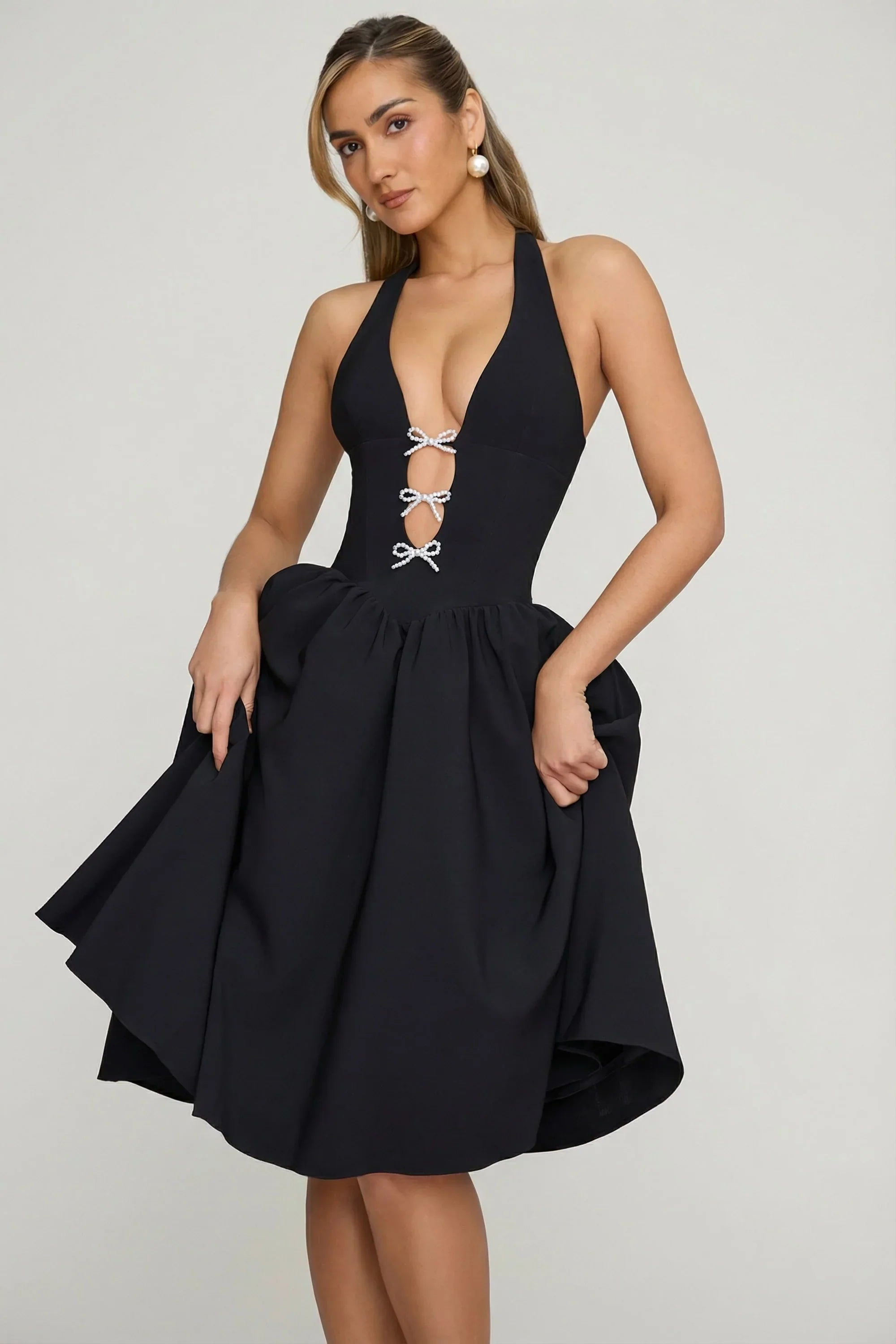 Halterneck Bow Detail Midi Dress in Black