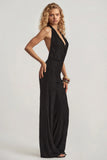 Devoré Halterneck Open Back Jumpsuit in Black