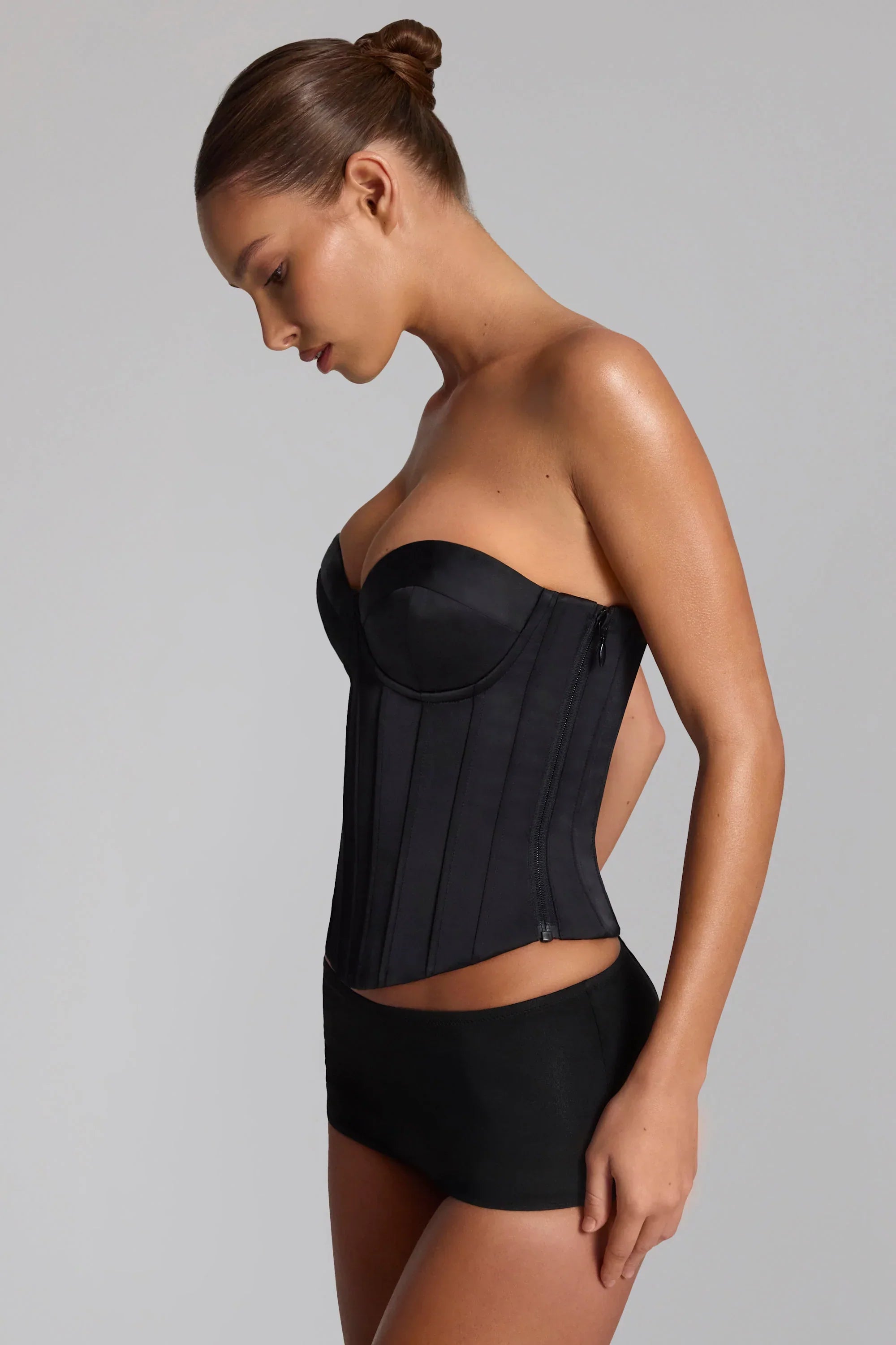Satin Lace Up Corset Top in Black