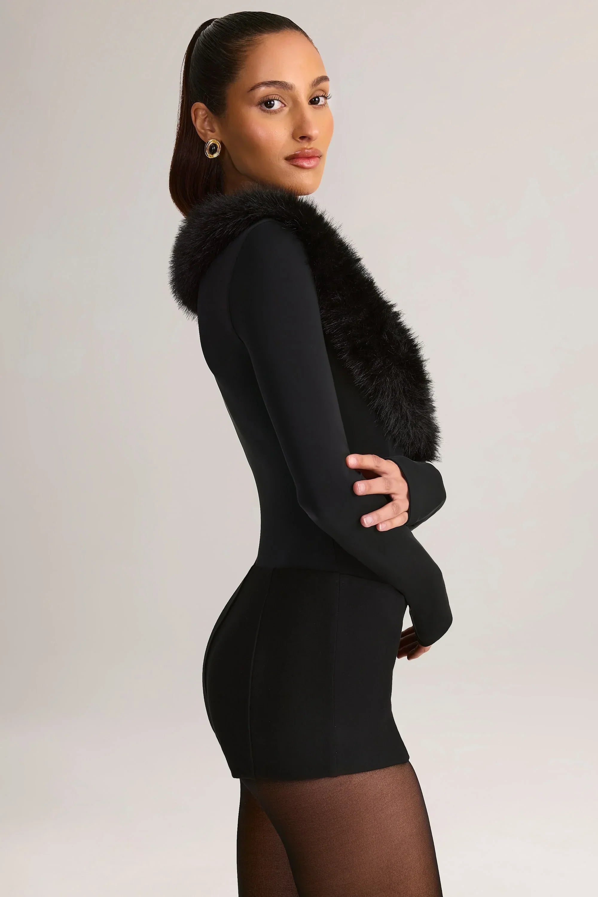 Faux Fur Trim Corset Playsuit in Black
