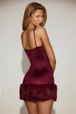 Satin Square Neck Corset Faux Fur Mini Dress in Wine Red