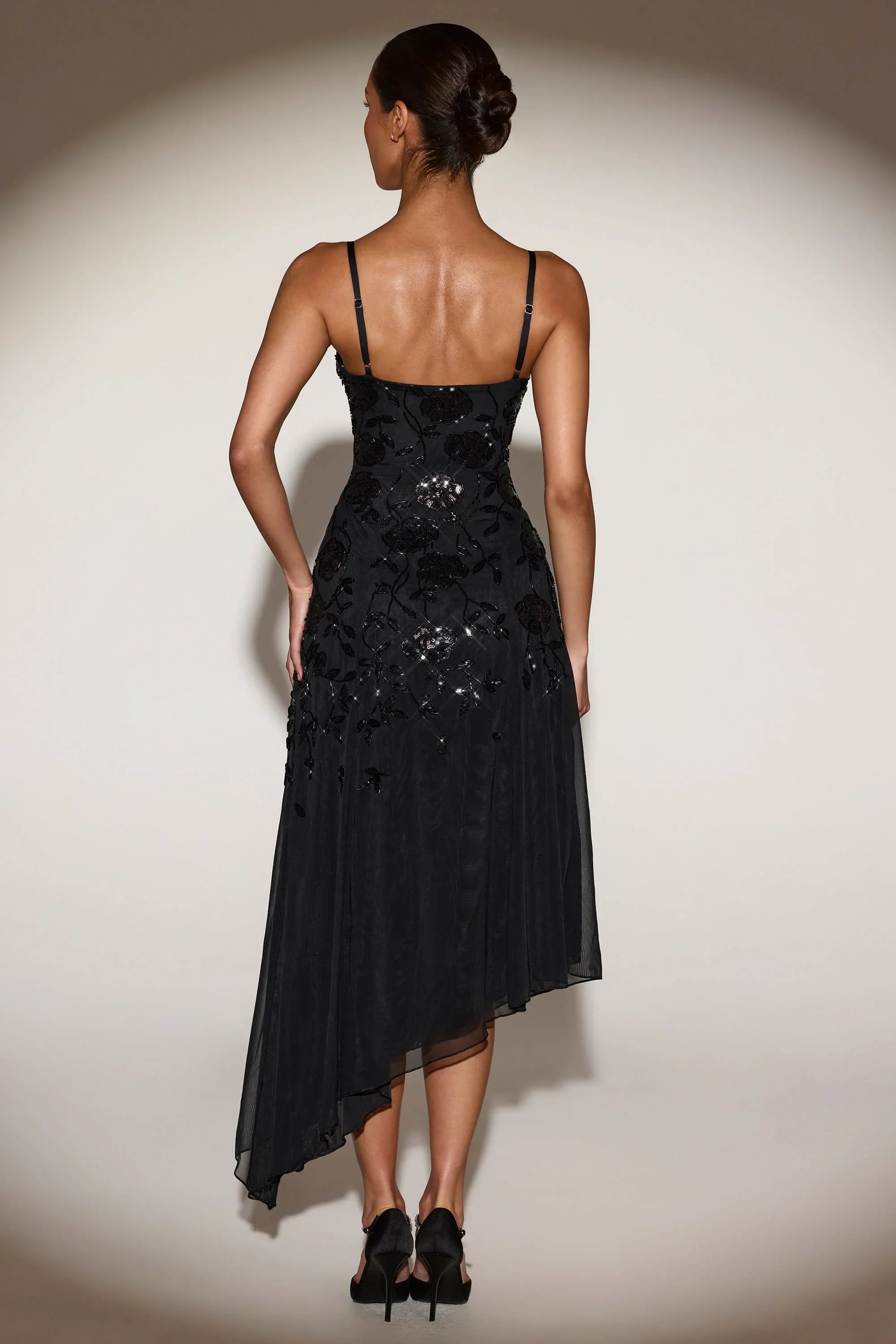 Embellished Soft Scoop Asymmetric Midaxi Dress in Black