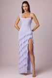 Asymmetric Ruffled Lace Up Gown in Lilac