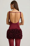 Satin Floral Appliqué Open Back Mini Dress in Wine Red
