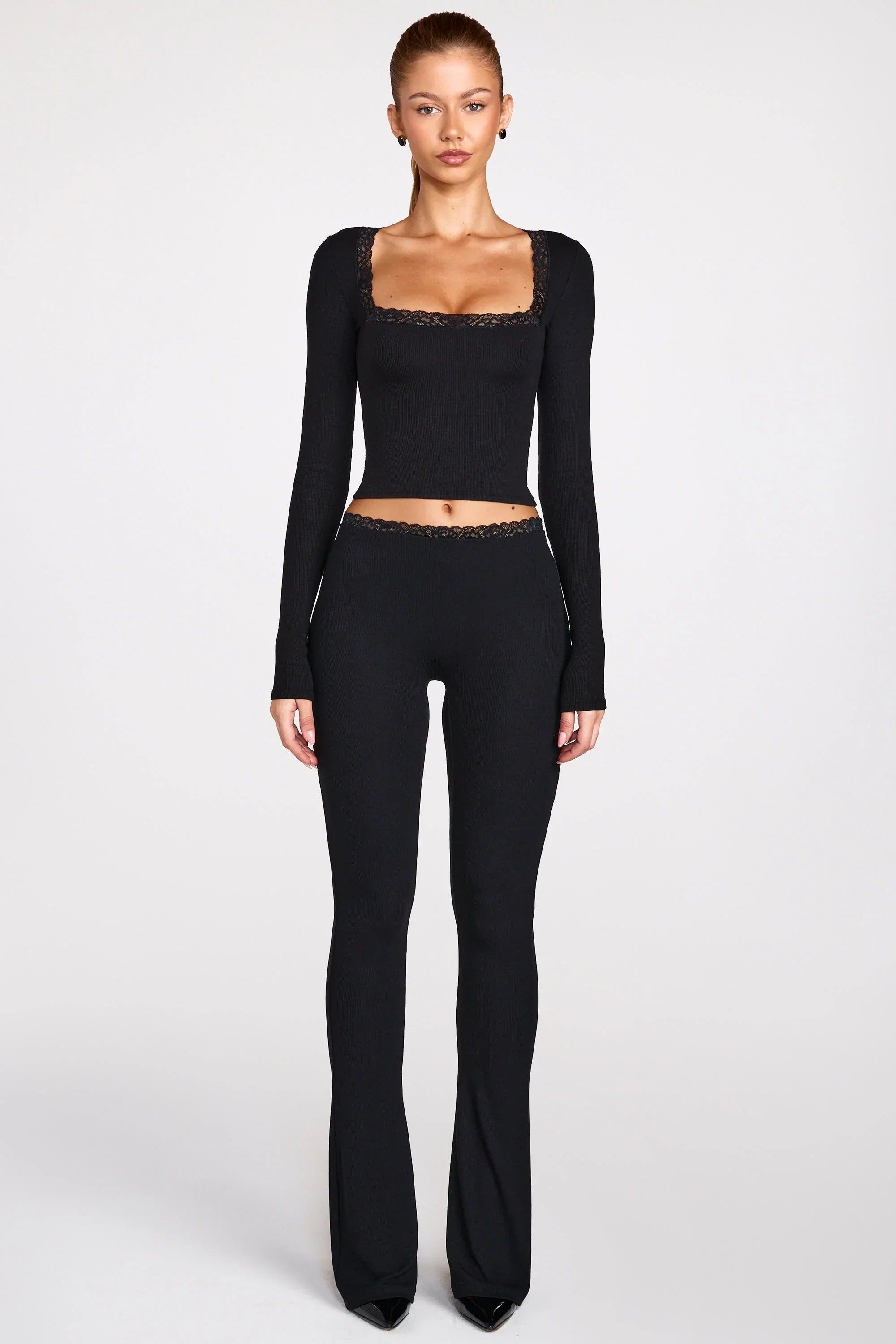 Ribbed Modal Square Neck Long Sleeve Top in Black