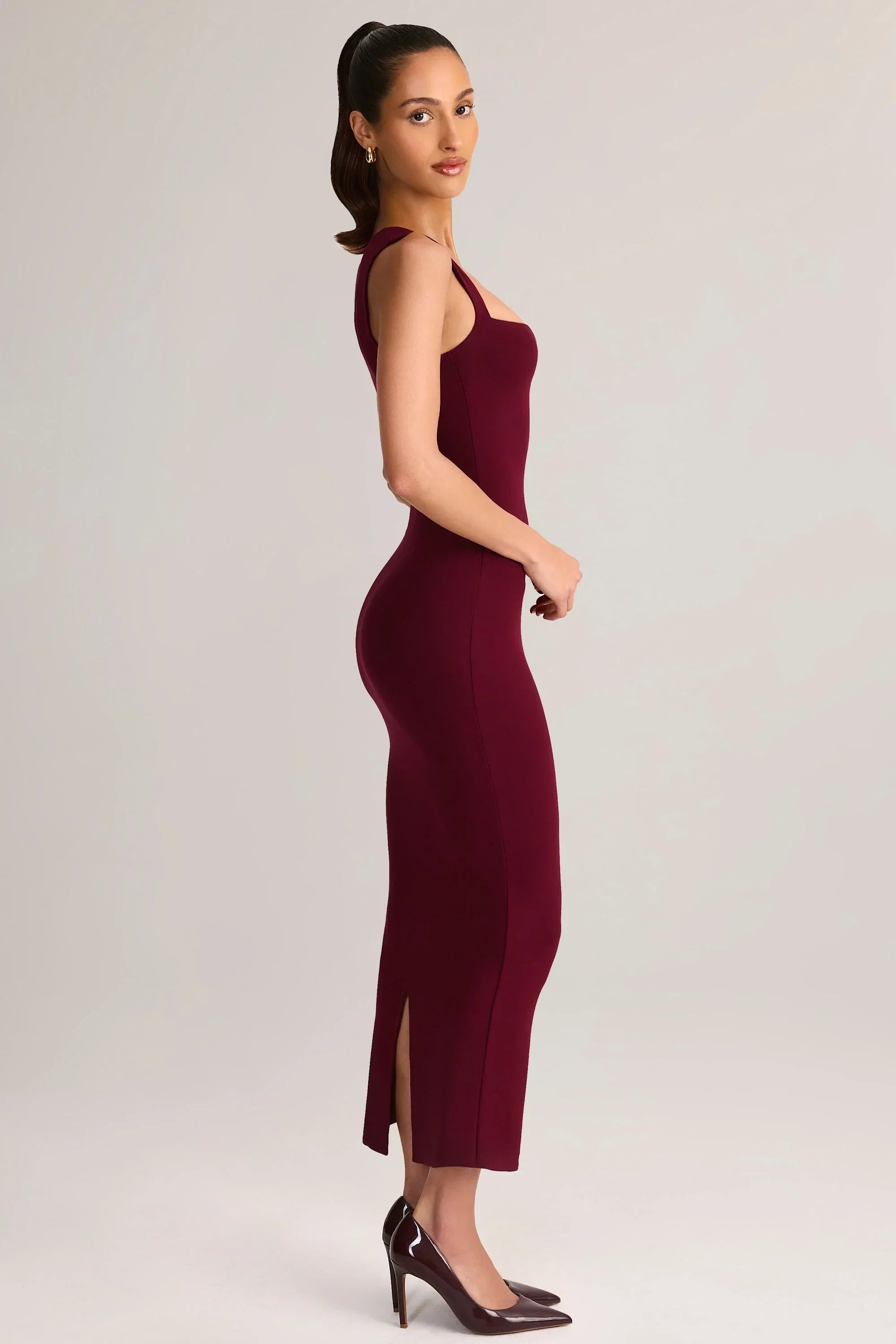 Modal Square Neck Bodycon Midi Dress in Wine