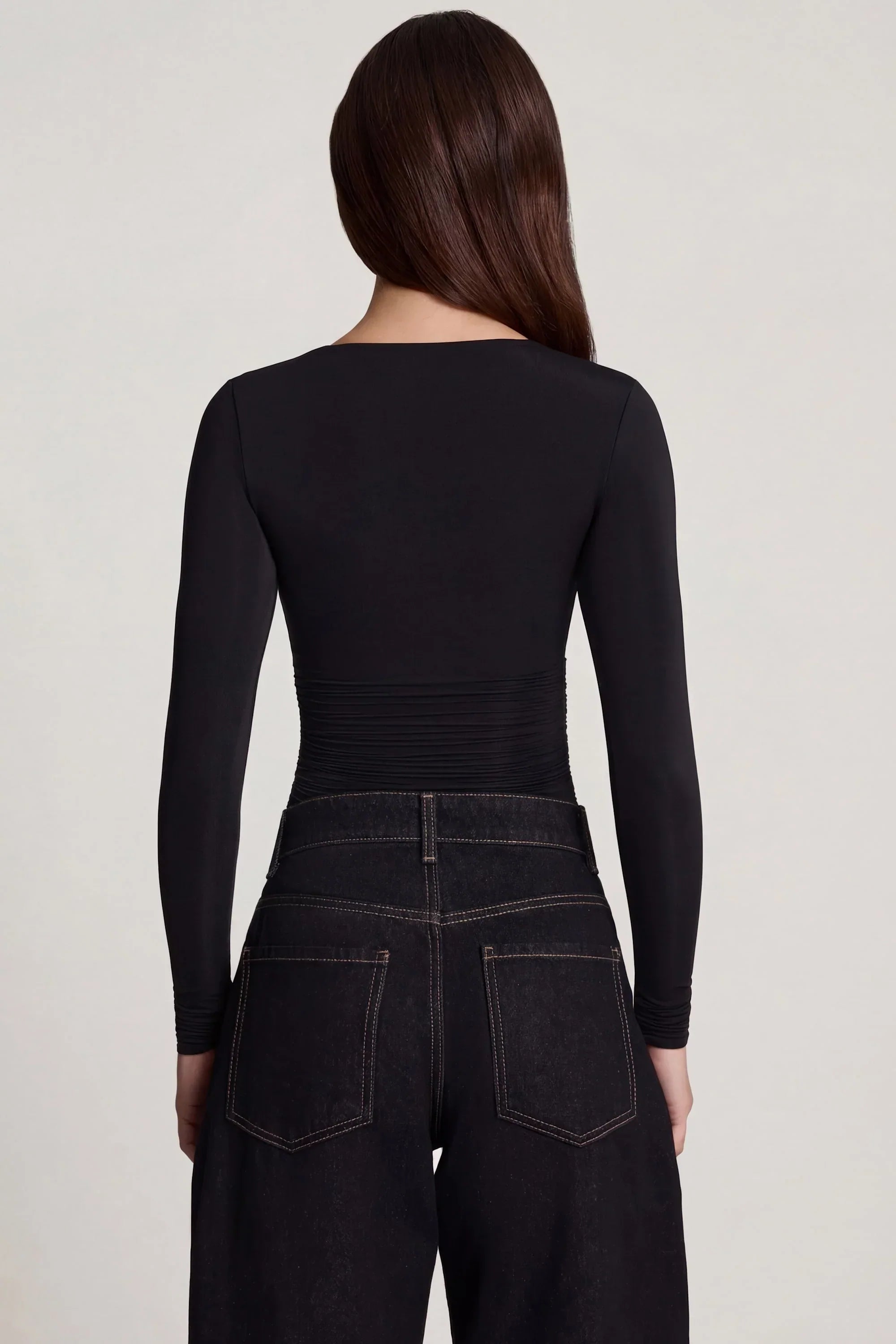 Soft Jersey Sweetheart Ruched Long Sleeve Top in Black