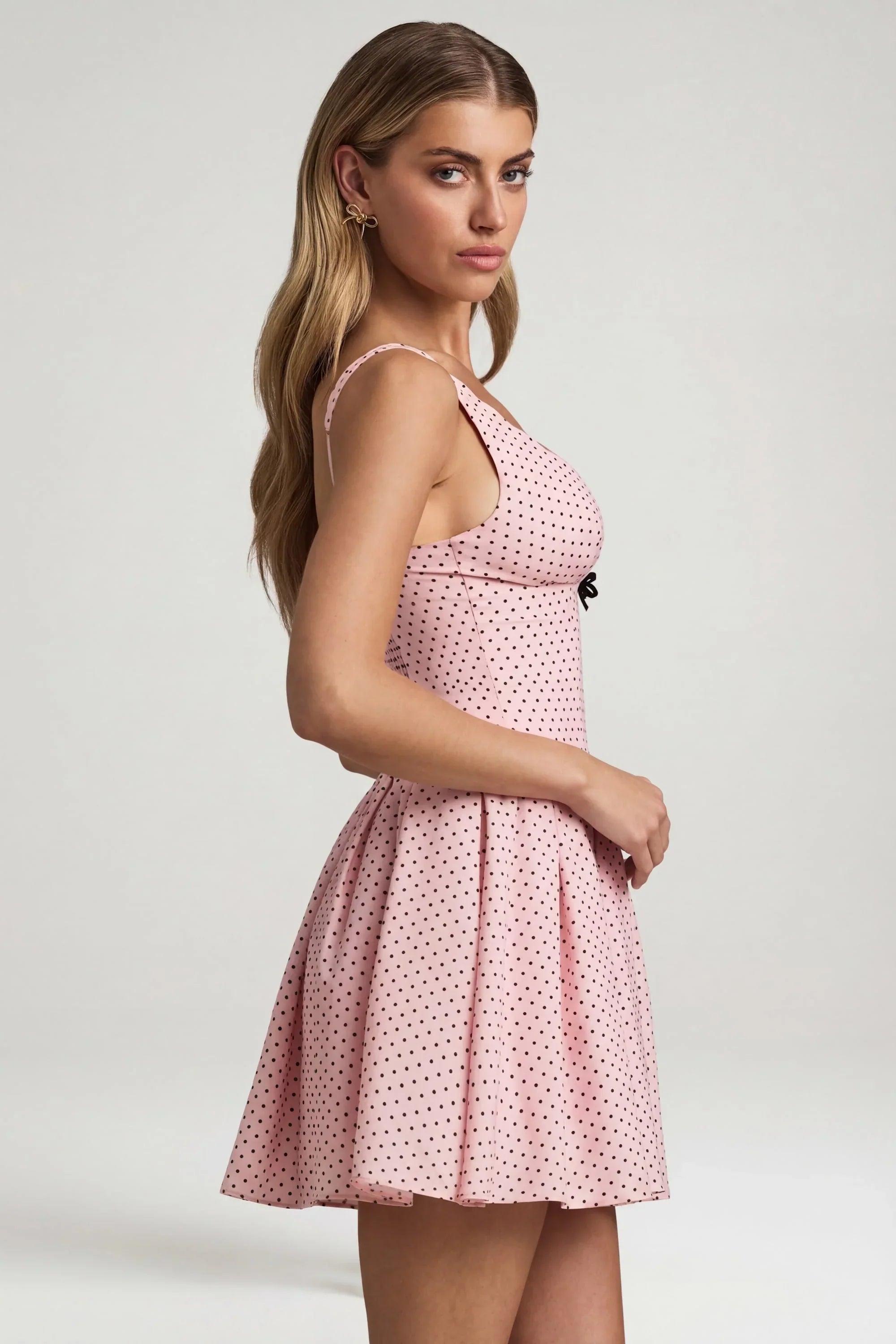 Bow Detail A Line Mini Dress in Pink Polka Dot