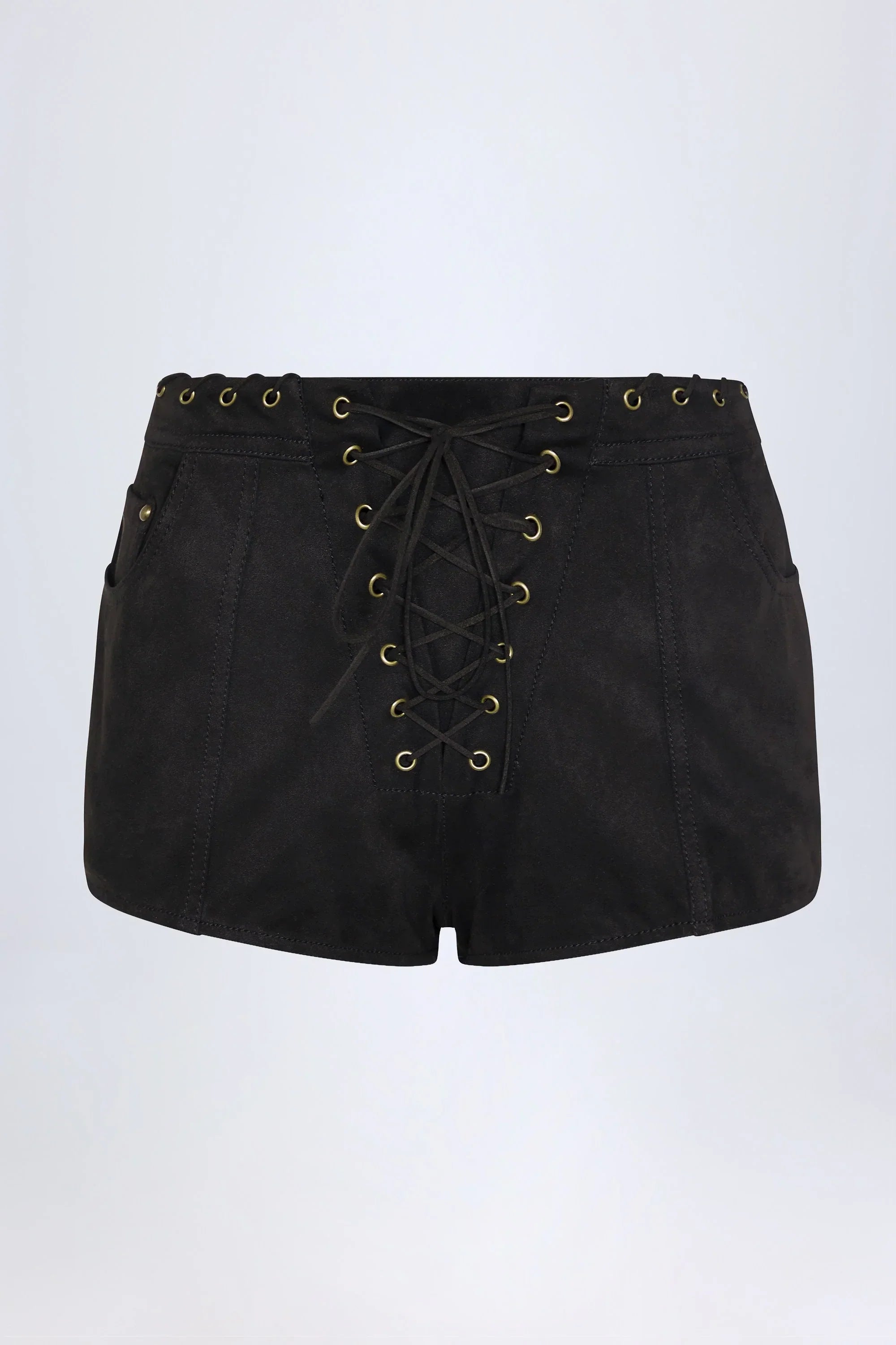 Lace Up Mid Rise Shorts in Black