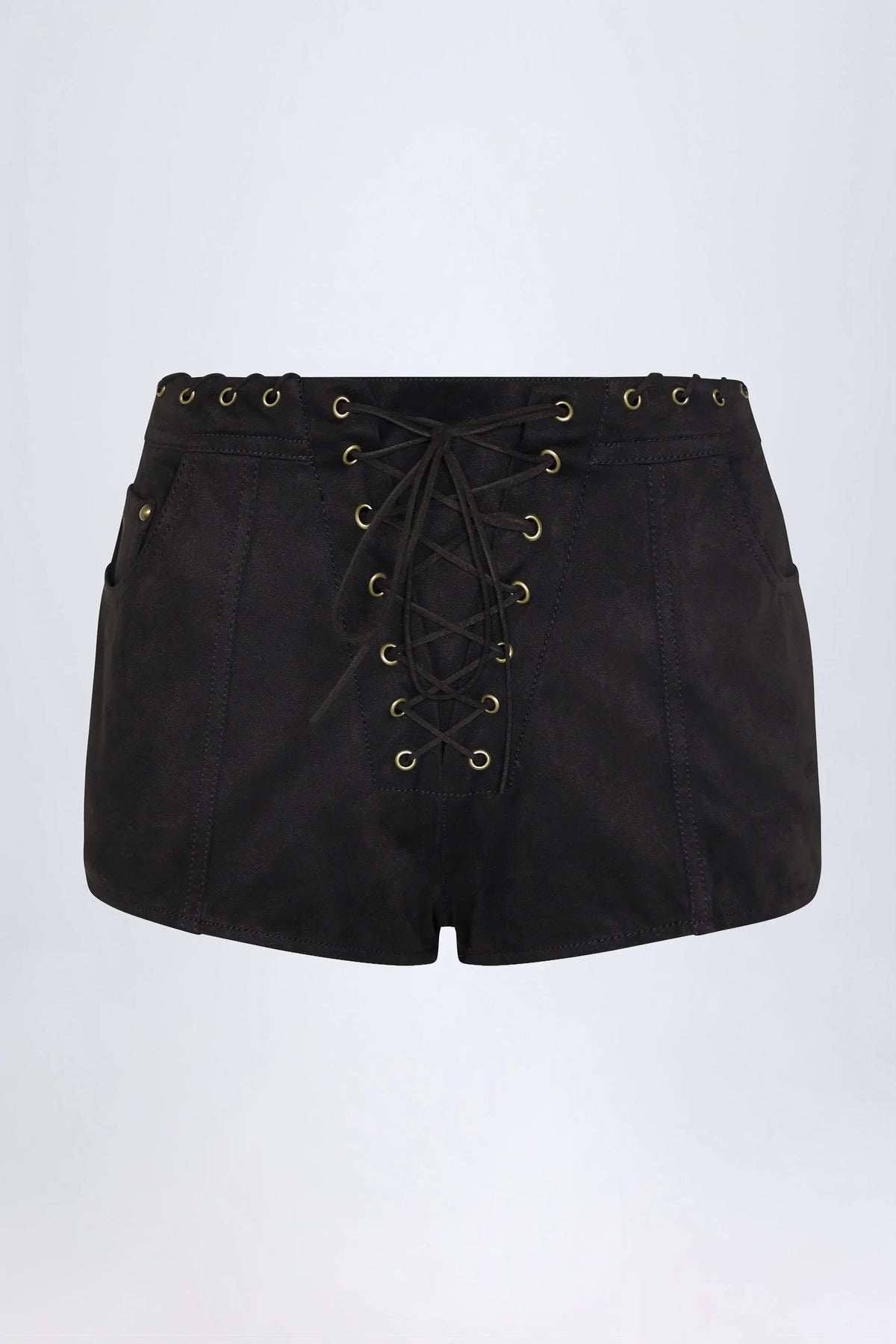Lace Up Mid Rise Shorts in Black