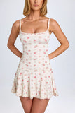 Lace Trim Ruched Mini Dress in Small Rose Print