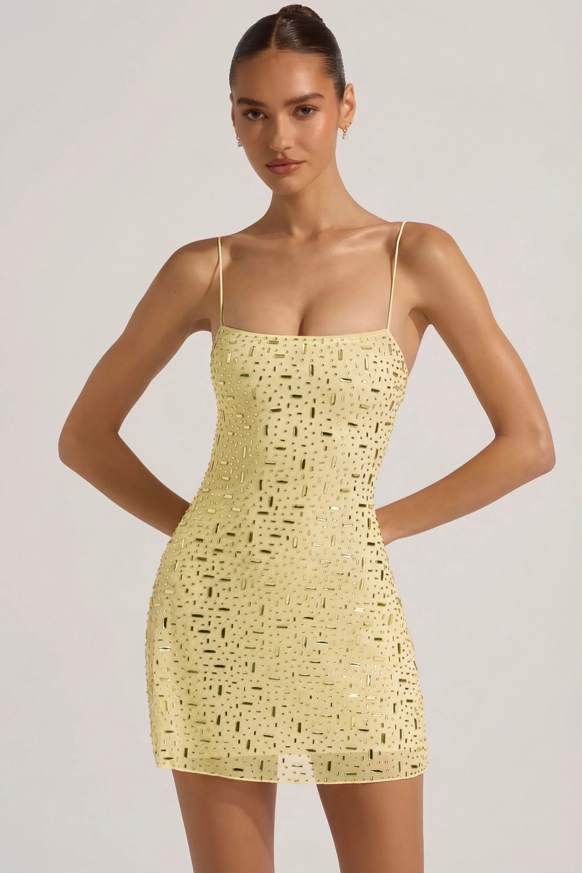 Sheer Embellished Square Neck Mini Dress in Yellow