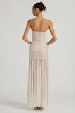 Semi Sheer Embellished Asymmetric Maxi Dress in White