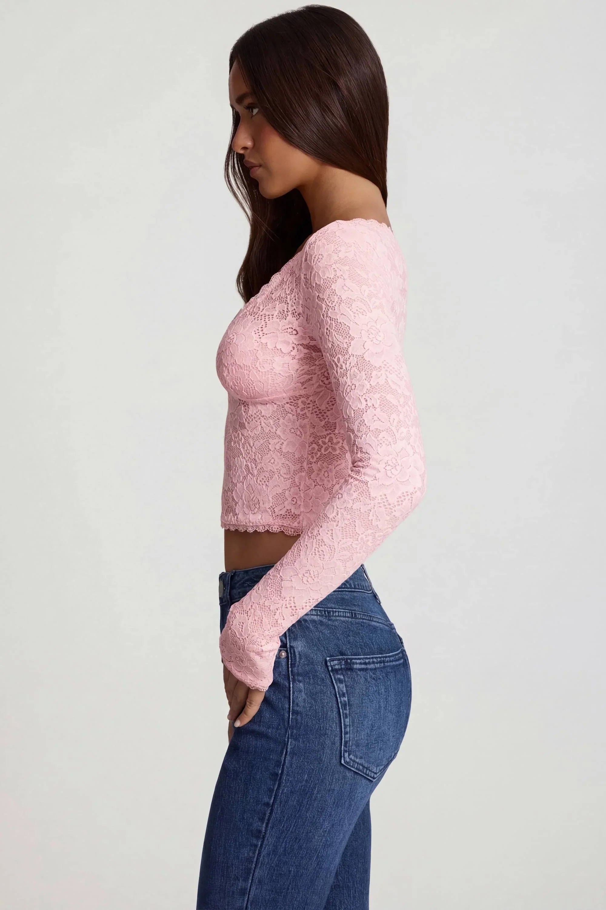 Sheer Lace Plunge Neck Long Sleeve Top in Pink