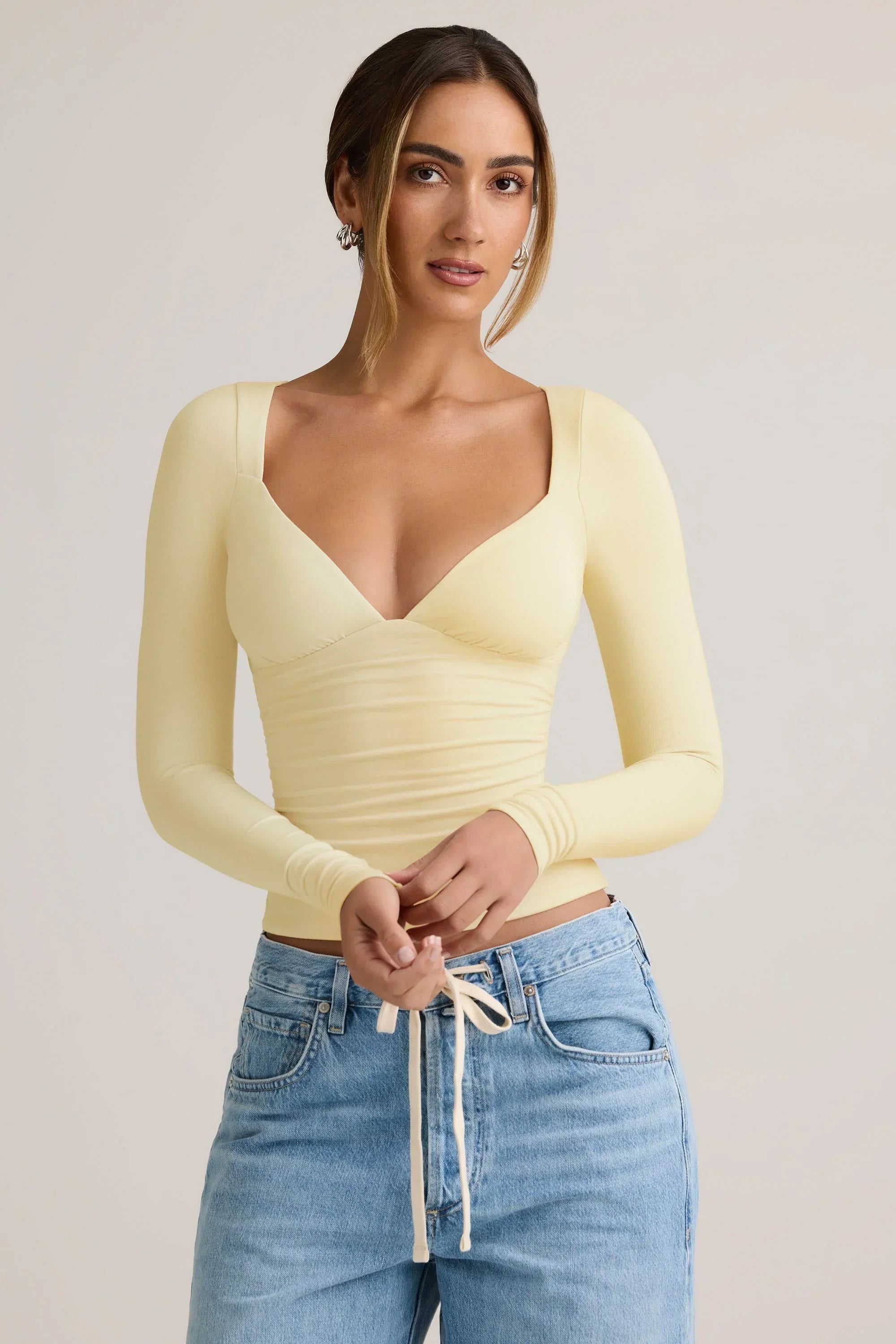 Modal Ruched Long Sleeve Top in Buttercream Yellow