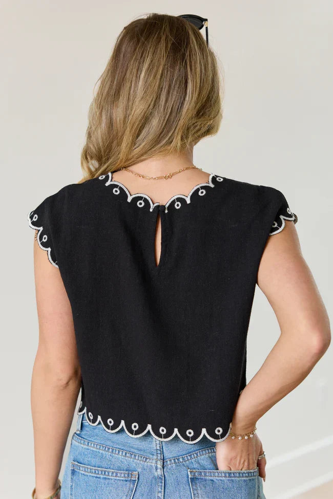 Amaya Cap Sleeve Black Embroidered Woven Top