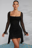 Long Sleeve Embellished Cowl Neck Mini Dress in Black