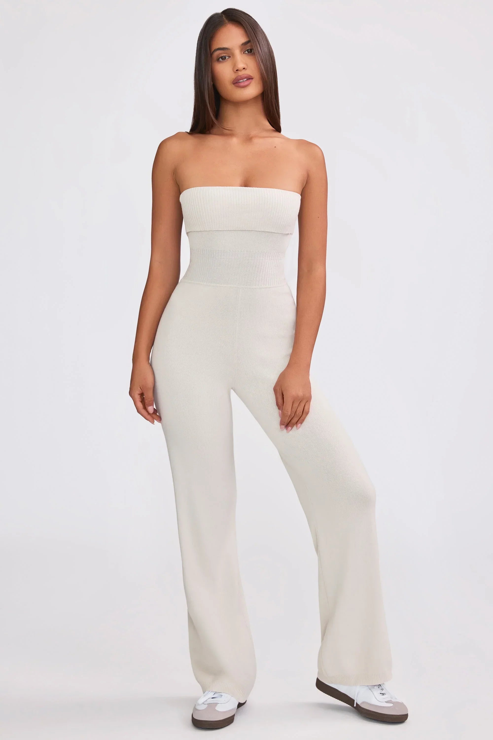 Chunky Knit Bandeau Kick Flare Jumpsuit in Cream