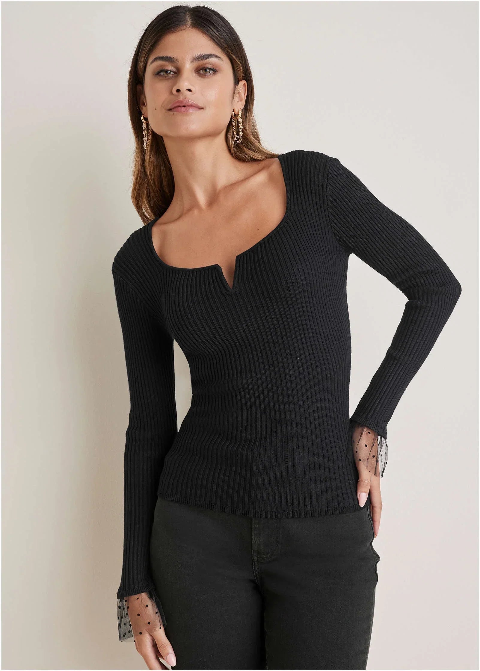 Ribbed Organza Sweater Jet Black